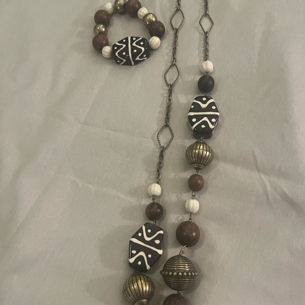 Boho Black White Tribal Bead Statement Necklace & Stretch Bracelet Set